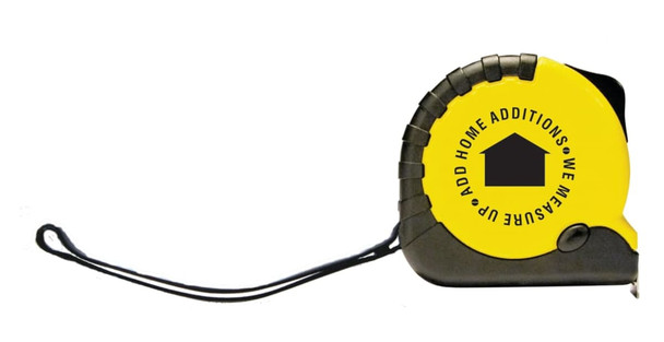 A yellow tape measure with a black casing and a logo, featuring a retractable mechanism and a hand strap.