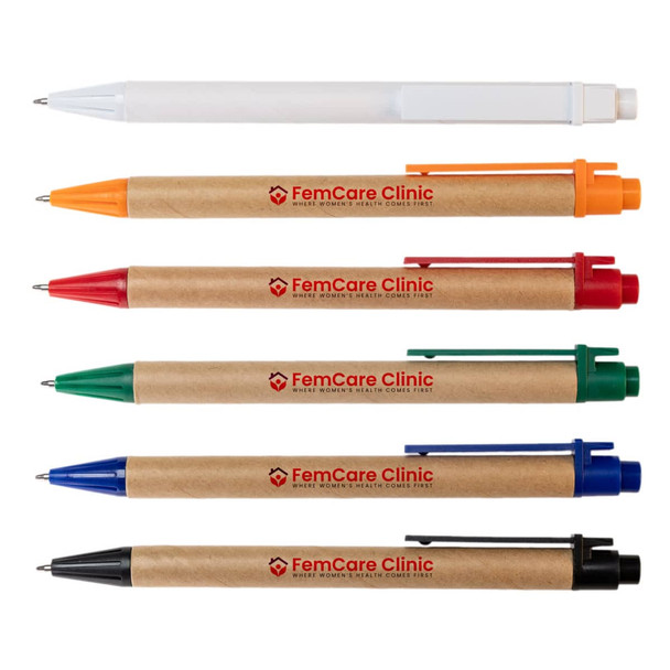 A selection of five pens in various colors: orange, green, blue, red, and black, alongside a white pen, all with branding.