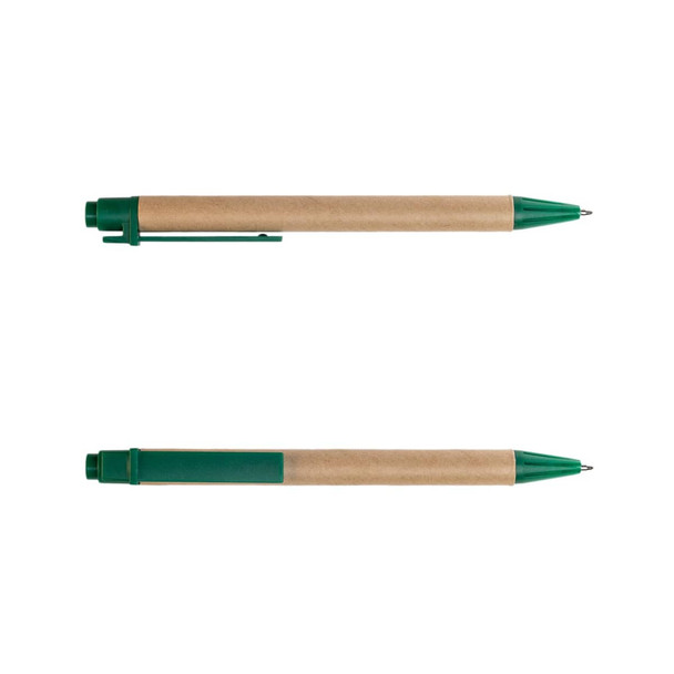 A cardboard pen with a green top and clip, featuring a natural kraft paper barrel.