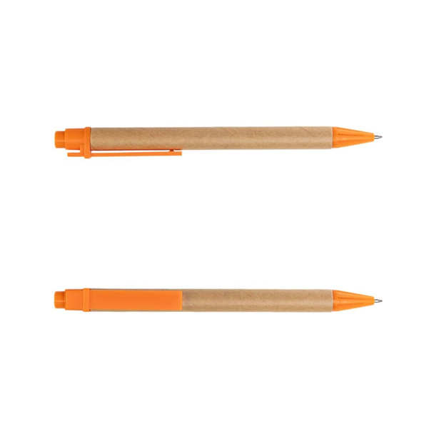 A cardboard pen featuring an orange tip and clip, with a natural kraft paper barrel.
