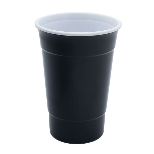 A drink cup featuring a black exterior and white interior, designed with a double wall for insulation.