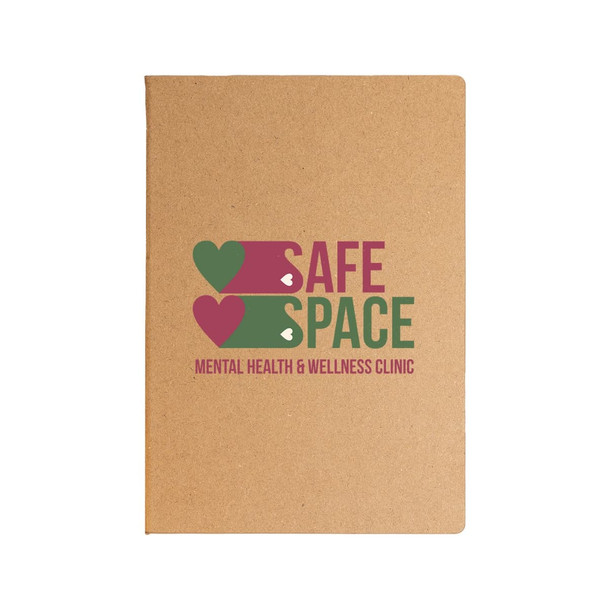 A planner with a kraft cover featuring the logo for "Safe Space Mental Health & Wellness Clinic" in colorful lettering.