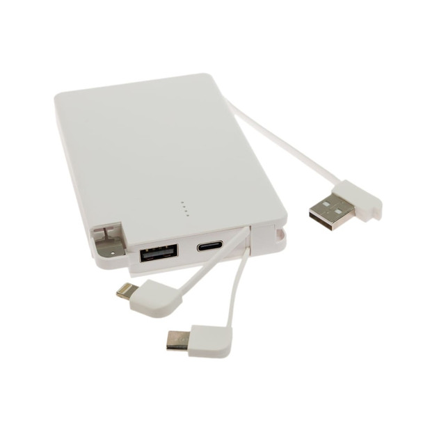 A white power bank with multiple charging cables, featuring a USB and USB-C port.