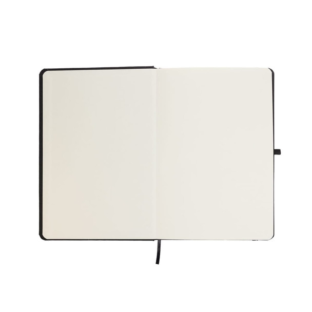 An open Venture RPET A5 Notebook featuring blank, cream-colored pages and a black cover.