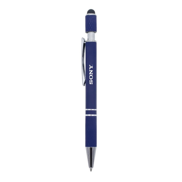 A metal pen in navy blue with a silver clip and a branding logo on the barrel. Features a stylus tip.
