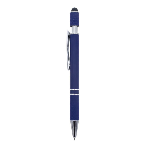 A metal pen in navy blue with a silver clip and finish, featuring a stylus tip.