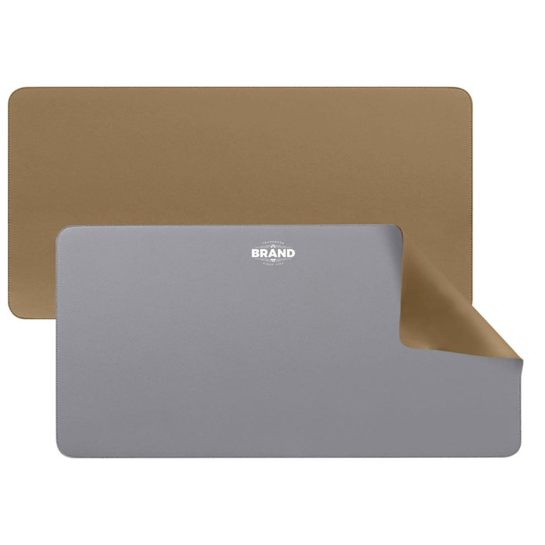 A PU leather desk mat featuring a grey side and a brown side, with a small logo on the surface.