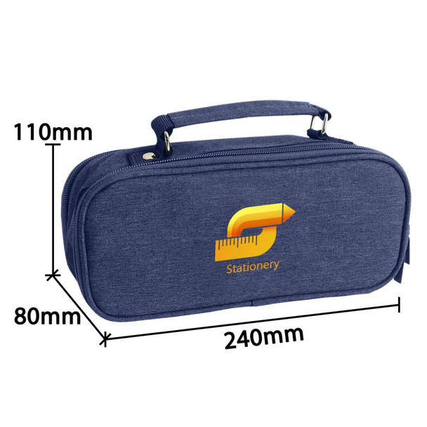 A blue pencil case with compartments and a handle, featuring a logo, measuring 240mm x 110mm x 80mm.