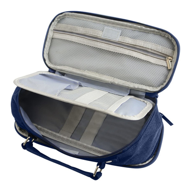A pencil case in navy blue with compartments, a handle, and a zippered pocket, featuring a mesh organiser inside.