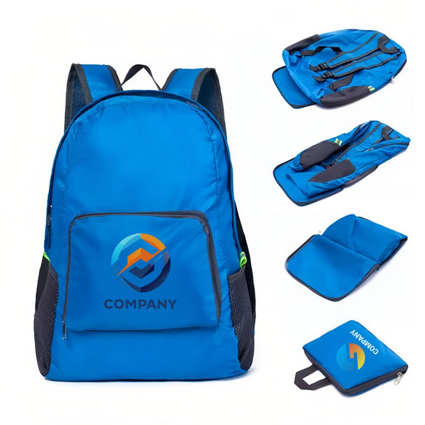A blue backpack with multiple compartments and a logo, accompanied by a blue pouch and a folded item.
