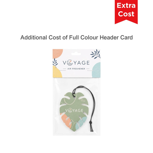 A leaf-shaped car air freshener in green and pastel colours, packaged with a header card and a hanging string.