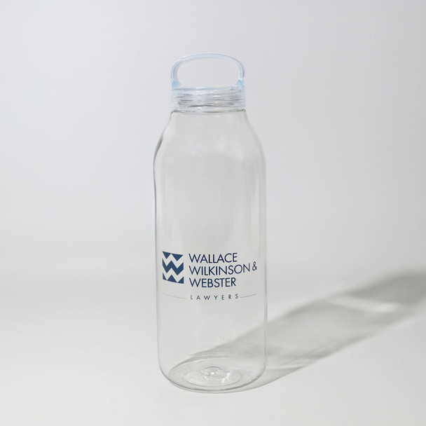 A drink bottle in clear plastic with a light blue lid and a logo on the front.