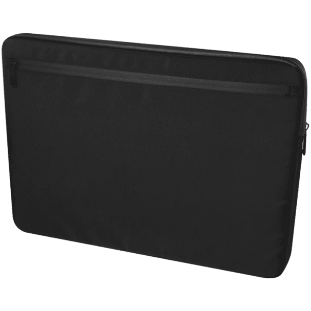 A black recycled laptop sleeve featuring a zippered pocket and a minimalist design, suitable for 15.6" laptops.