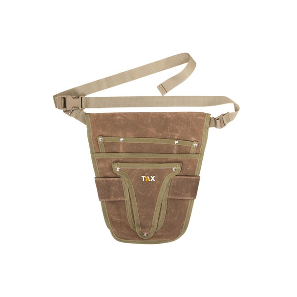 A garden tool waist pouch in olive green with multiple pockets and an adjustable strap. It features a logo.