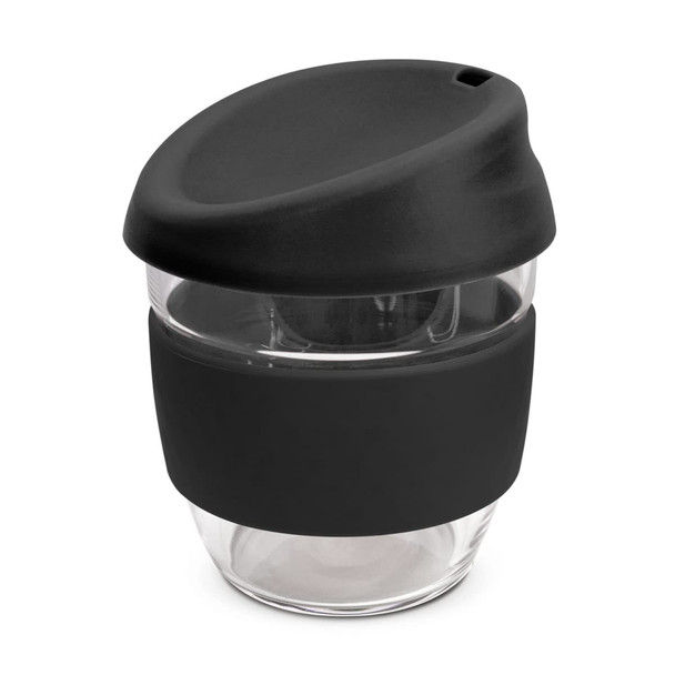 A drink bottle made of clear borosilicate glass with a black silicone lid and sleeve, featuring a branding logo.