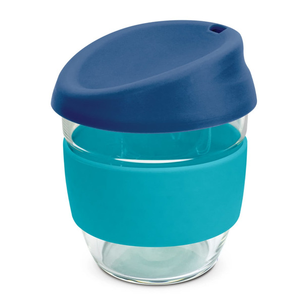 A drink bottle featuring a blue lid and a turquoise silicone sleeve, made of clear borosilicate glass, 250ml capacity.