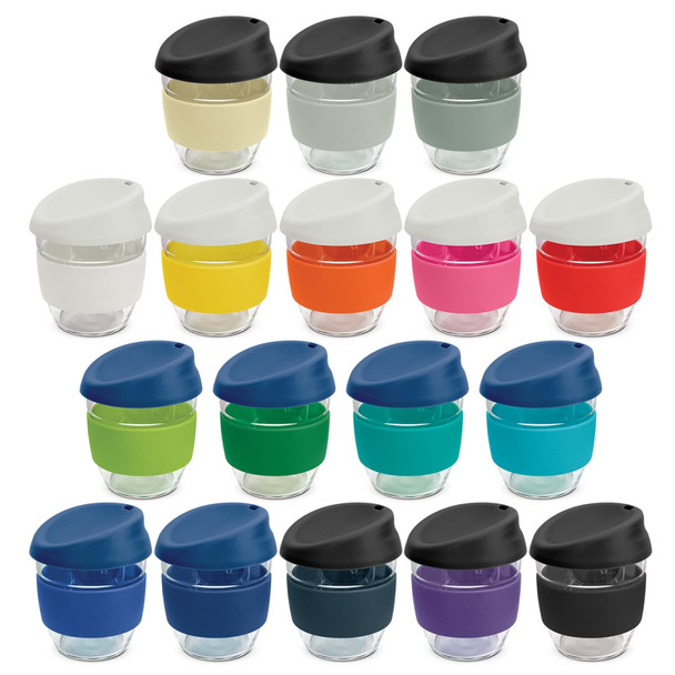 A collection of reusable coffee cups in various colours, featuring a transparent borosilicate body and coloured lids.