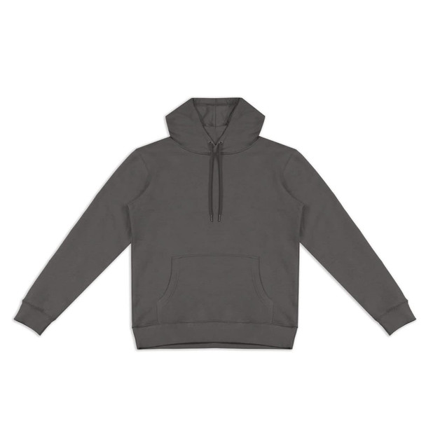 A unisex hoodie in dark grey featuring a front pocket and a drawstring hood. Includes a logo on the garment.