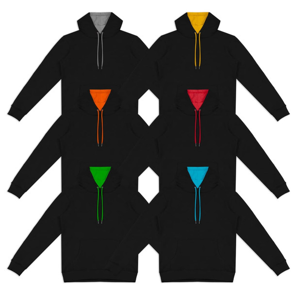 A collection of black unisex hoodies featuring contrasting colour hoods and drawstrings in grey, yellow, orange, red, green, and blue.