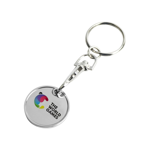 A silver keyring with a round printed trolley coin featuring a colourful design and a logo.
