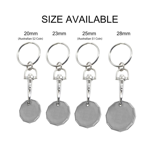A set of printed trolley coin keyrings in various sizes, featuring silver keyrings and a blank metallic surface.