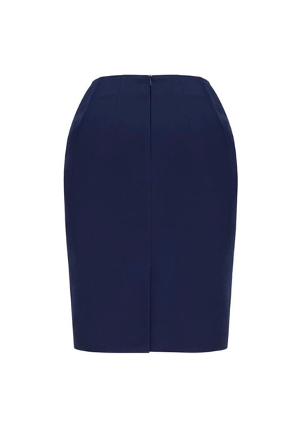 A navy blue women's pencil skirt with a fitted design and a back zip closure. It has a sleek, bandless silhouette. A navy blue women's pencil skirt with a fitted design and a back zip closure. It has a sleek, bandless silhouette.