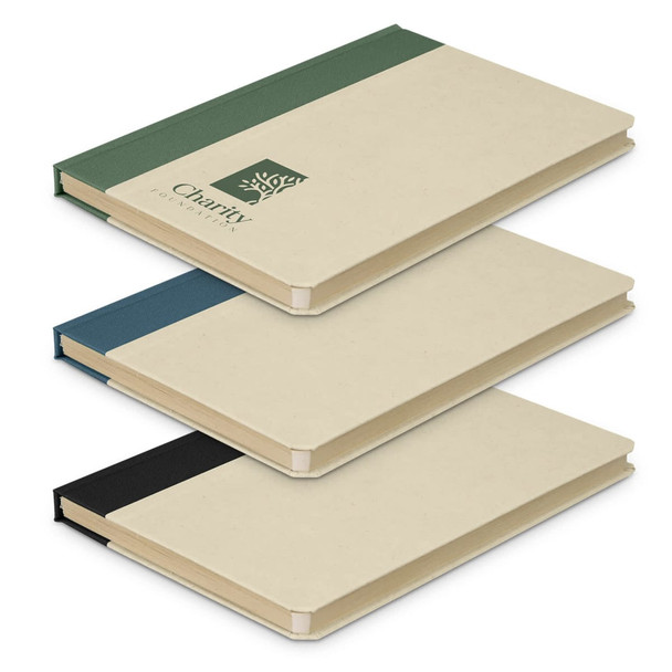 A stack of three Paulo Sugarcane Notebooks in green, blue, and black, with a logo on the cover.