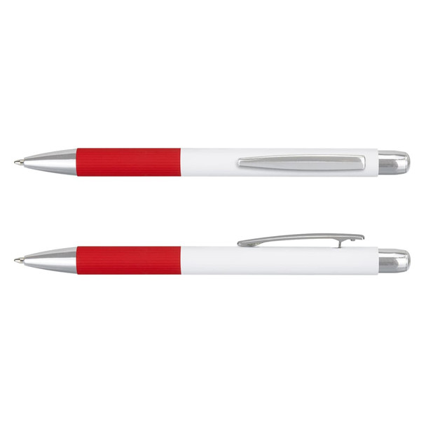 A metal pen with a white body and red grip, featuring a silver clip and accents. Includes branding.