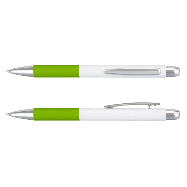 A metal pen featuring a white barrel with a vibrant green grip and chrome accents. The pen has a branding logo.