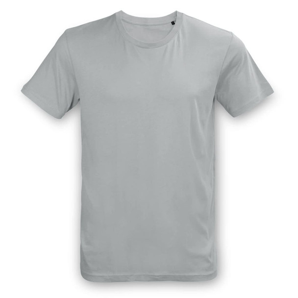 A light grey unisex T-shirt with short sleeves and a simple design, featuring a logo on the label. A light grey unisex T-shirt with short sleeves and a simple design, featuring a logo on the label.