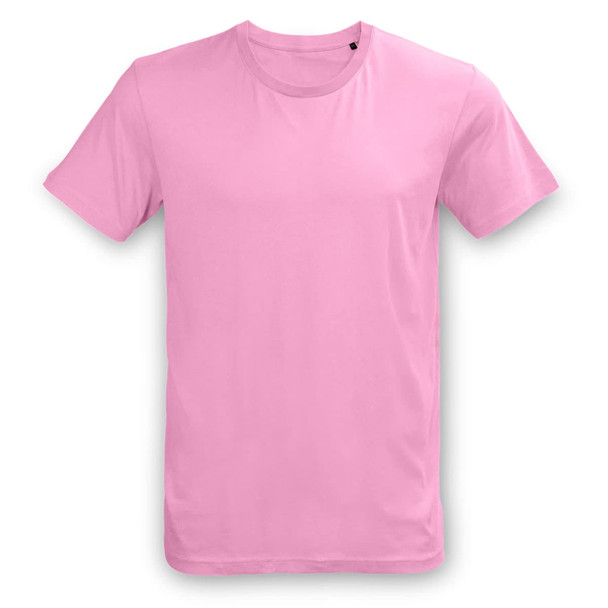A plain pink unisex t-shirt with short sleeves and a round neck, featuring a logo on the tag. A plain pink unisex t-shirt with short sleeves and a round neck, featuring a logo on the tag.
