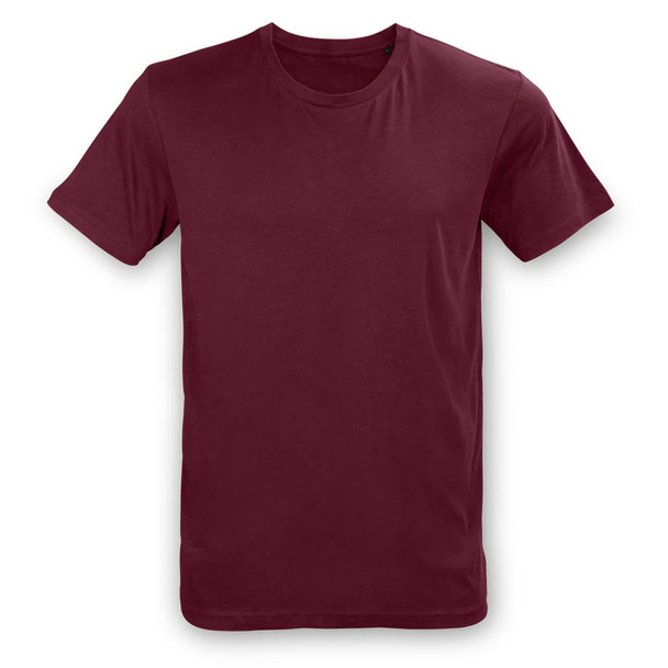 A maroon unisex T-shirt with a round neck and short sleeves, featuring a logo. A maroon unisex T-shirt with a round neck and short sleeves, featuring a logo.