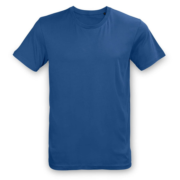 A blue unisex T-shirt with short sleeves, featuring a plain design and a logo on the upper side. A blue unisex T-shirt with short sleeves, featuring a plain design and a logo on the upper side.