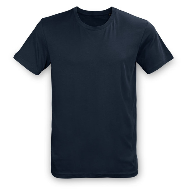 A unisex T-shirt in navy blue with a crew neck and short sleeves. It features a branding logo. A unisex T-shirt in navy blue with a crew neck and short sleeves. It features a branding logo.