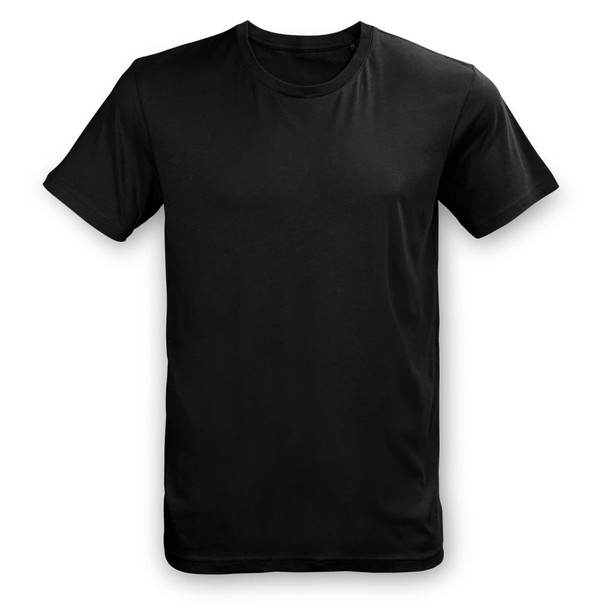 A black unisex T-shirt with a classic crew neck design and short sleeves, featuring a logo. A black unisex T-shirt with a classic crew neck design and short sleeves, featuring a logo.
