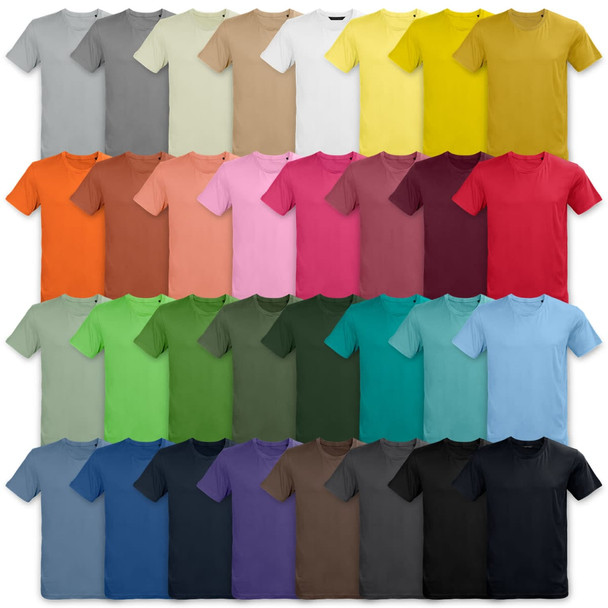 A collection of unisex T-shirts in various colours, displaying multiple shades stacked in a grid arrangement. A collection of unisex T-shirts in various colours, displaying multiple shades stacked in a grid arrangement.