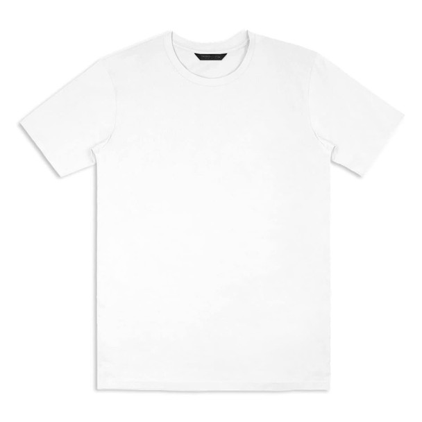 A plain white unisex t-shirt with short sleeves and a brand logo. Features a classic fit for casual wear.