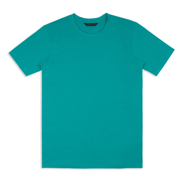 A vibrant teal unisex t-shirt with a classic crew neck design and short sleeves. It has a logo on the label.