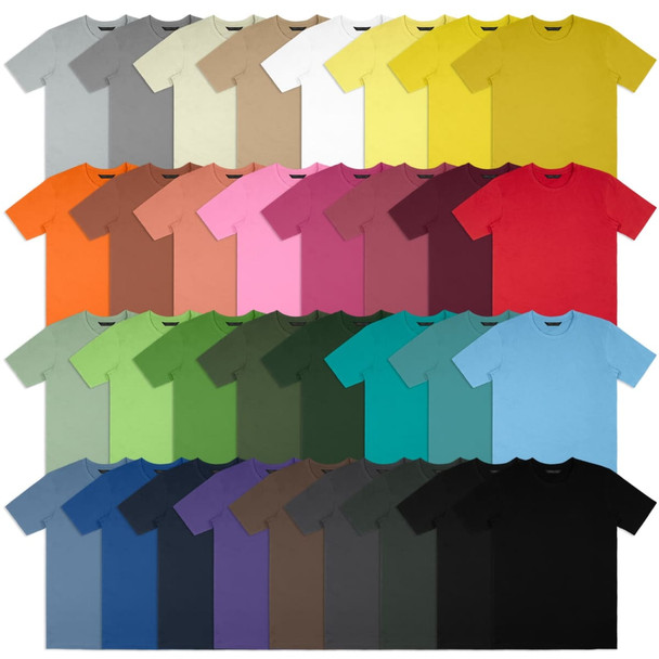 A collection of unisex T-shirts in various colours, arranged in rows, featuring a logo on each shirt.