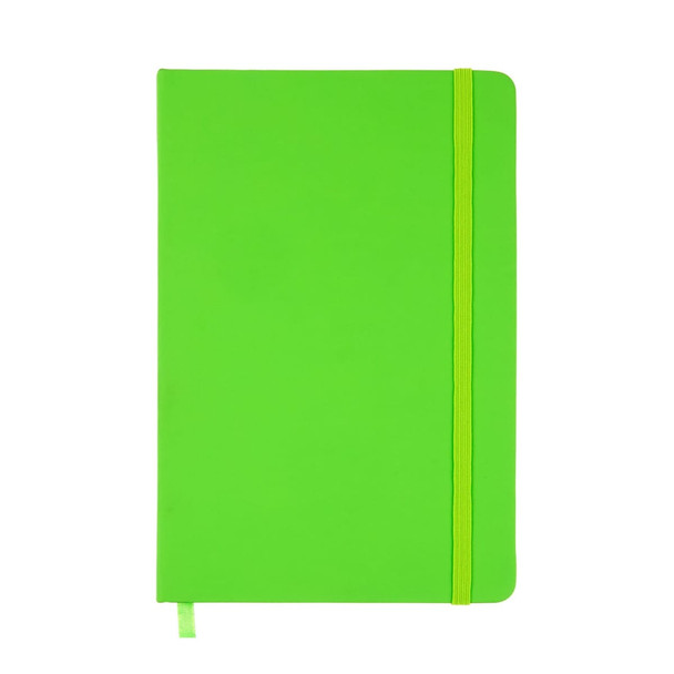 A vibrant green A5 notebook featuring a smooth cover, an elastic band closure, and a ribbon bookmark.