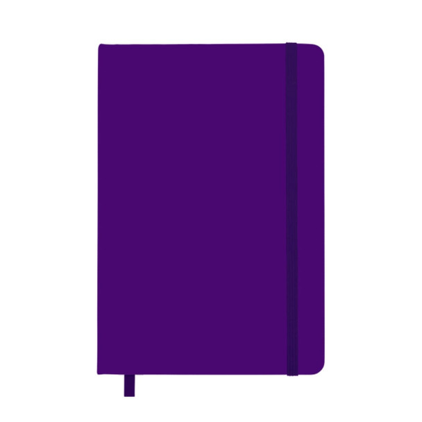A purple A5 notebook with a matching elastic band and a ribbon bookmark, featuring a logo on the cover.