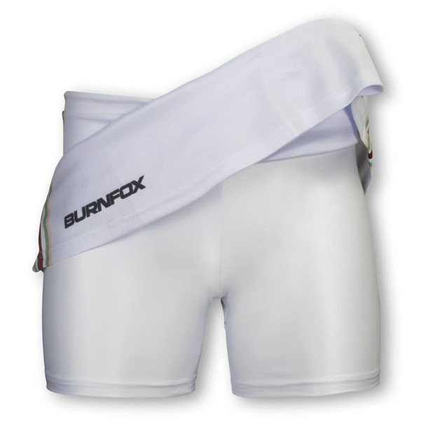 A white sports skirt with a wide waist band and a logo on the side.