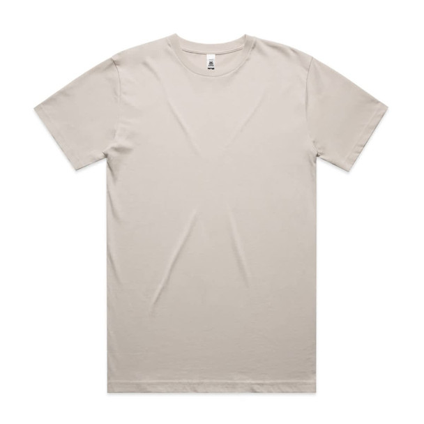 A beige Block Tubular Tee t-shirt featuring short sleeves and a crew neckline, with a small logo on the label.