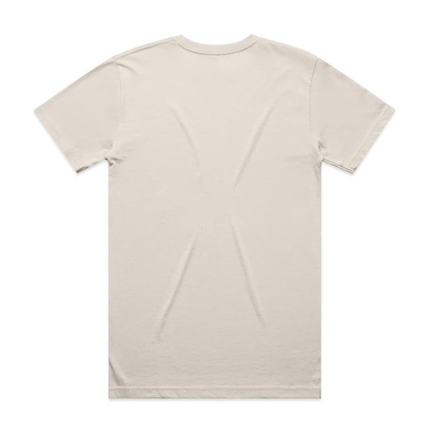 A beige Block Tee T-shirt featuring a plain back design. The shirt has a logo on the label. A beige Block Tee T-shirt featuring a plain back design. The shirt has a logo on the label.