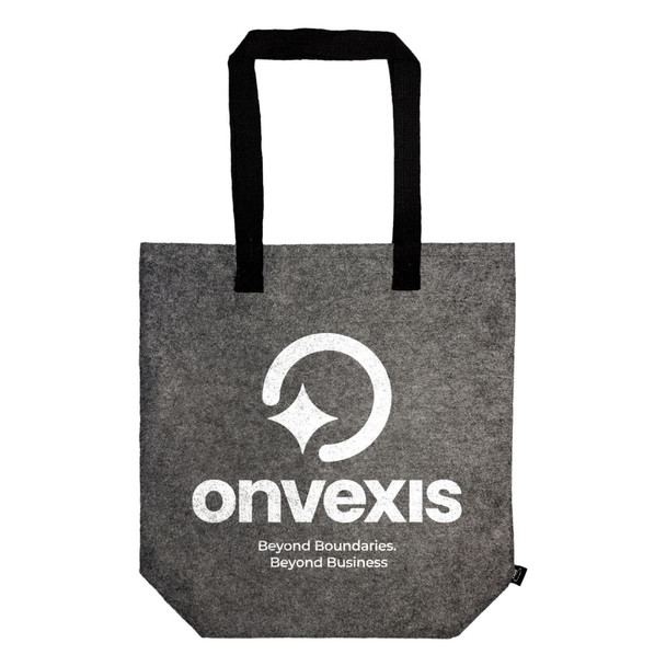 A grey tote bag with black handles featuring a logo and branding on the front.
