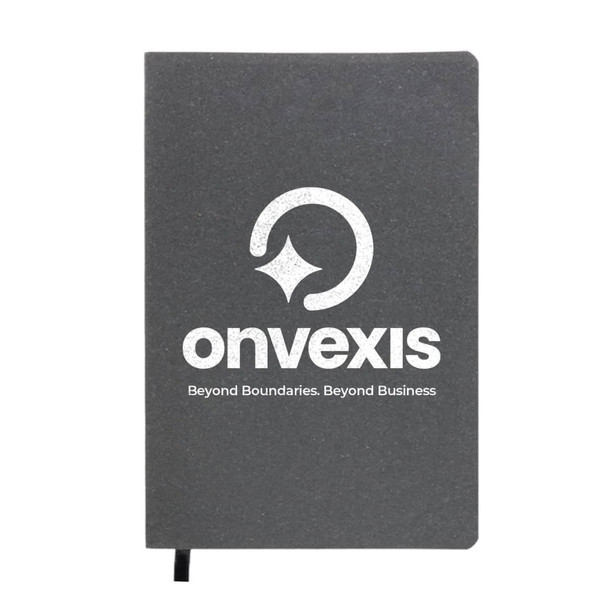 A grey notebook with a logo on the cover and a black ribbon bookmark.