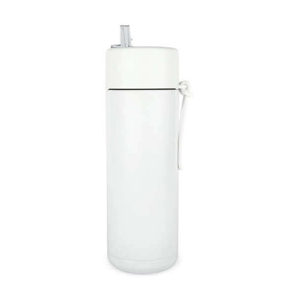 A white drink bottle with a flip-top lid and a carrying loop. It has a sleek, minimalist design.