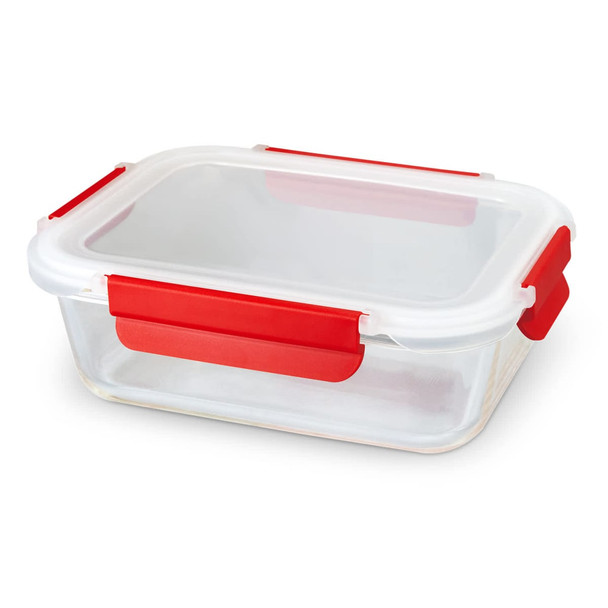 A clear glass lunch box with a red silicone lid and clips, featuring a rectangular design. A clear glass lunch box with a red silicone lid and clips, featuring a rectangular design.
