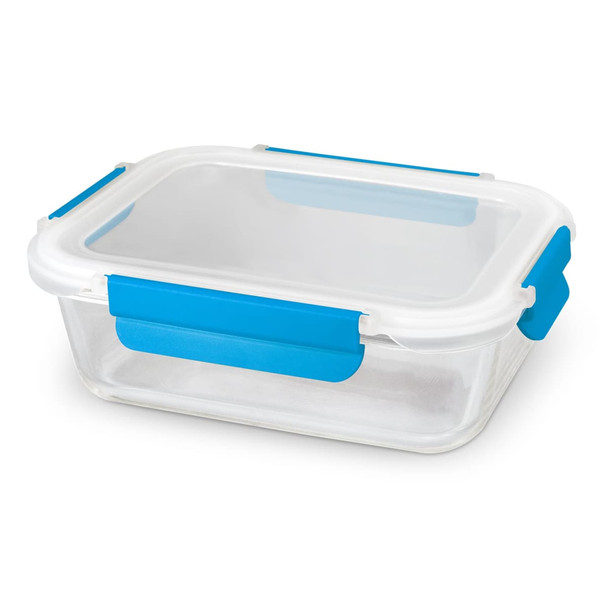 A transparent lunch box with a white lid and blue clips, suitable for food storage. A transparent lunch box with a white lid and blue clips, suitable for food storage.