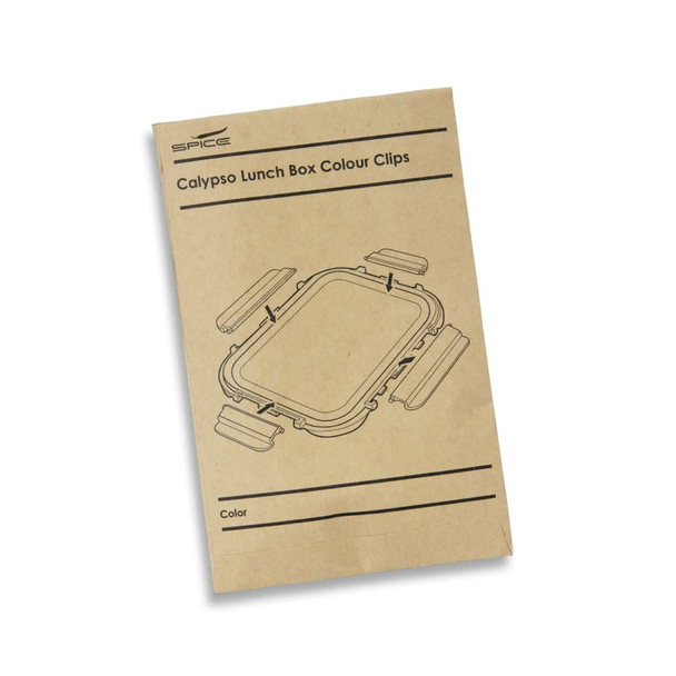 A brown paper packet containing instructions for the SPICE Calypso Lunch Box, featuring illustrations of colour clips. A brown paper packet containing instructions for the SPICE Calypso Lunch Box, featuring illustrations of colour clips.